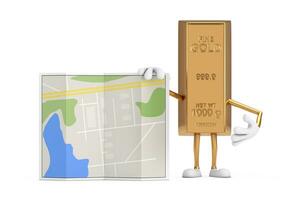d'oro bar cartone animato persona personaggio portafortuna con astratto città Piano carta geografica. 3d interpretazione foto