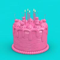 astratto rosa compleanno cartone animato dolce ciliegia torta con candele nel duotone stile. 3d interpretazione foto