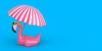 estate nuoto piscina gonfiabile gomma da cancellare rosa fenicottero giocattolo con occhiali da sole e spiaggia ombrello. 3d interpretazione foto