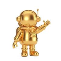 carino d'oro cartone animato portafortuna astronauta personaggio persona agitando mano. 3d interpretazione foto