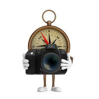 antico Vintage ▾ ottone bussola cartone animato persona personaggio portafortuna con moderno digitale foto telecamera. 3d interpretazione