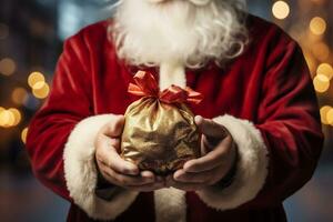 ai generato ritratto di Santa Claus Tenere un' Borsa con i regali nel il suo mani foto