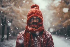 ai generato ritratto di un' bello giovane uomo nel un' rosso cappello e sciarpa su il sfondo di un' inverno foresta. foto