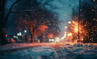 ai generato nevicata nel il città a notte. sfocato sfondo con bokeh luci. foto