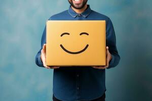 ai generato ritagliata Immagine di sorridente consegna uomo Tenere cartone scatola con smiley viso foto