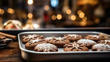 ai generato Natale Pan di zenzero biscotti nel il modulo di i fiocchi di neve su un' cottura al forno vassoio foto