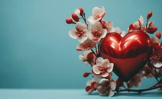 ai generato San Valentino giorno sfondo con rosso cuore e fiori su blu sfondo foto