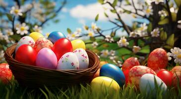 ai generato Visualizza di Pasqua giorno con molti colorato uova nel un' cestino foto