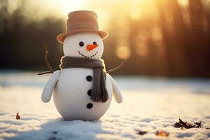 ai generato pupazzo di neve nel sciarpa e cappello a tramonto inverno divertimento copia spazio foto