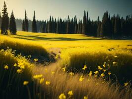 ai generato raggiante i campi di inverno morbido messa a fuoco tramonto prato con giallo fiori della natura abbraccio. un' sinfonia di colori caldo inverno tramonto prato con astratto morbido messa a fuoco natura armonia. foto