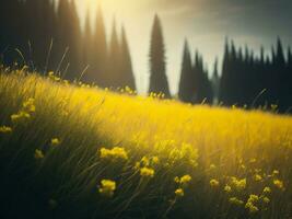 ai generato raggiante i campi di inverno morbido messa a fuoco tramonto prato con giallo fiori della natura abbraccio. un' sinfonia di colori caldo inverno tramonto prato con astratto morbido messa a fuoco natura armonia. foto