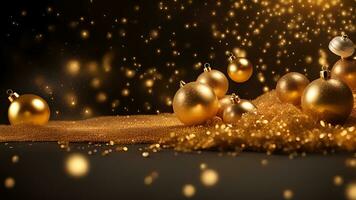 ai generato d'oro particelle e spruzzatori su Natale o nuovo anno celebrazione. brillante d'oro luci. sfondo sfondo per Annunci o i regali avvolgere foto