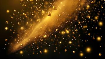 ai generato d'oro particelle e spruzzatori su Natale o nuovo anno celebrazione. brillante d'oro luci. sfondo sfondo per Annunci o i regali avvolgere foto