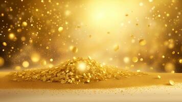 ai generato d'oro particelle e spruzzatori su Natale o nuovo anno celebrazione. brillante d'oro luci. sfondo sfondo per Annunci o i regali avvolgere foto