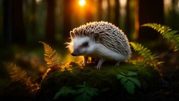 ai generato ritratto di un riccio nel il foresta a tramonto. foto