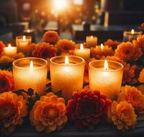 ai generato avvicinamento di candele e crisantemi fiori a il cimitero. tutti santi giorno cimitero. foto