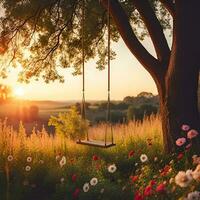 ai generato un' swing sospeso a partire dal un' albero a tramonto foto