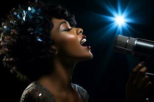ai generato nero femmina cantante cantando con microfono nel davanti di buio sfondo bokeh stile sfondo foto