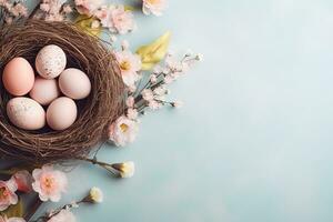 ai generato Pasqua paesaggio. orizzontale bandiera con un' carino Pasqua coniglietto su un' fiore prato con colorato uova. cartone animato stile. ai generato illustrazione. foto