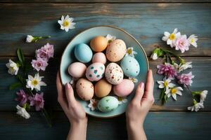 ai generato Pasqua paesaggio. orizzontale bandiera con un' carino Pasqua coniglietto su un' fiore prato con colorato uova. cartone animato stile. ai generato illustrazione. foto