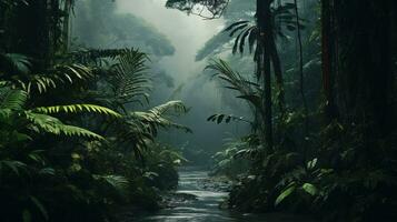 ai generato generativo ai, amazzonica giungla nebbioso paesaggio, tropicale foresta pluviale con palma alberi foto