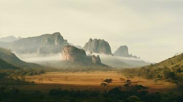 ai generato generativo ai, brasiliano bellissimo estetico paesaggio con montagne, smorzato colori, amazzonica natura foto