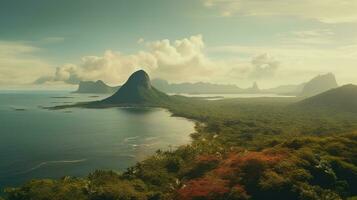 ai generato generativo ai, brasiliano bellissimo estetico paesaggio con montagne, smorzato colori, amazzonica natura foto