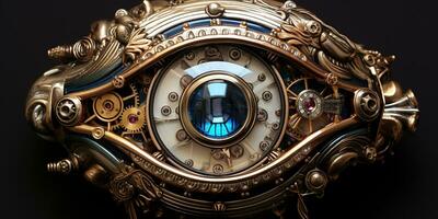 ai generato generativo ai, bionico steampunk occhio avvicinamento, immaginario oculare impiantare foto