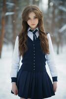 ai generato un' bellissimo russo alto scuola alunno ragazza nel scuola uniforme all'aperto nel inverno foto