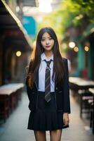 ai generato un' giovane Cinese alto scuola alunno ragazza nel un' scuola uniforme in posa per un' foto