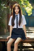ai generato un' giovane coreano donna nel scuola uniforme seduta su un' panchina foto