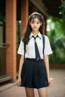 ai generato un' giovane Cinese alto scuola alunno ragazza con ondulato capelli nel un' scuola uniforme in posa per un' foto