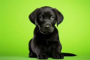 ai generato un' nero labrador cucciolo seduta su un' verde sfondo foto