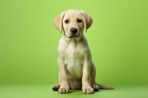 ai generato un' beige labrador cucciolo seduta su un' verde sfondo foto