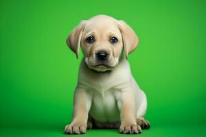 ai generato un' beige labrador cucciolo seduta su un' verde sfondo foto