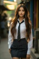 ai generato bellissimo indiano ragazza indossare scuola uniforme foto