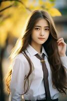 ai generato ritratto di bellissimo giovane giapponese alto scuola alunno ragazza nel un' scuola uniforme all'aperto foto