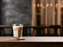 ai generato caffè latte macchiato nel un' bicchiere su un' di legno tavolo. foto