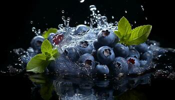 ai generato mirtilli e ciliegie nel acqua spruzzo su un' buio blu sfondo. foto