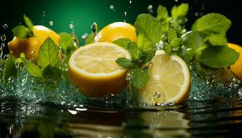 ai generato Limone con menta e acqua spruzzo su un' buio sfondo foto