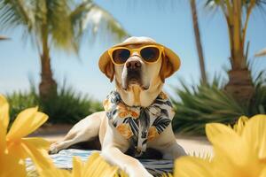 ai generato un' cane indossare occhiali da sole e un' floreale camicia su il spiaggia foto