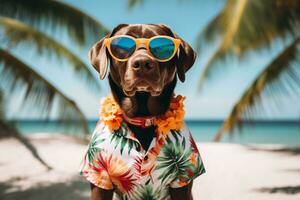 ai generato un' cane indossare occhiali da sole e un' floreale camicia su il spiaggia foto