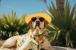 ai generato un' cane indossare occhiali da sole e un' floreale camicia su il spiaggia foto