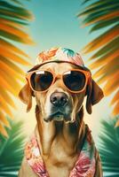 ai generato cane indossare occhiali da sole e un' bandana su un' tropicale sfondo foto