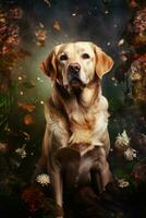 ai generato ritratto di carino labrador cane da riporto, sfondo design foto