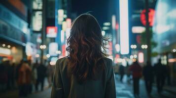 ai generato generativo ai, bellissimo ragazza su notte di il neon strada di Giappone, cyberpunk stile foto