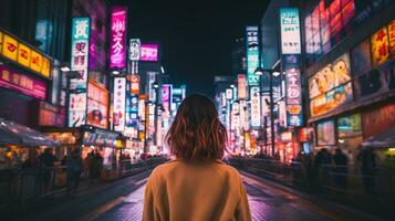 ai generato generativo ai, bellissimo ragazza su notte di il neon strada di Giappone, cyberpunk stile foto