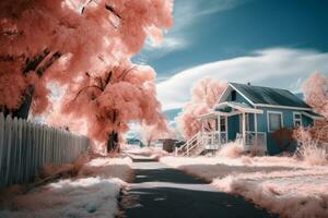 un infrarosso Immagine di un' Casa con rosa alberi generativo ai foto