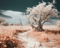 un infrarosso Immagine di un' albero nel il mezzo di un' campo generativo ai foto