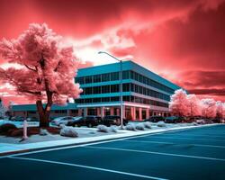 un infrarosso Immagine di un ufficio edificio con rosso alberi generativo ai foto